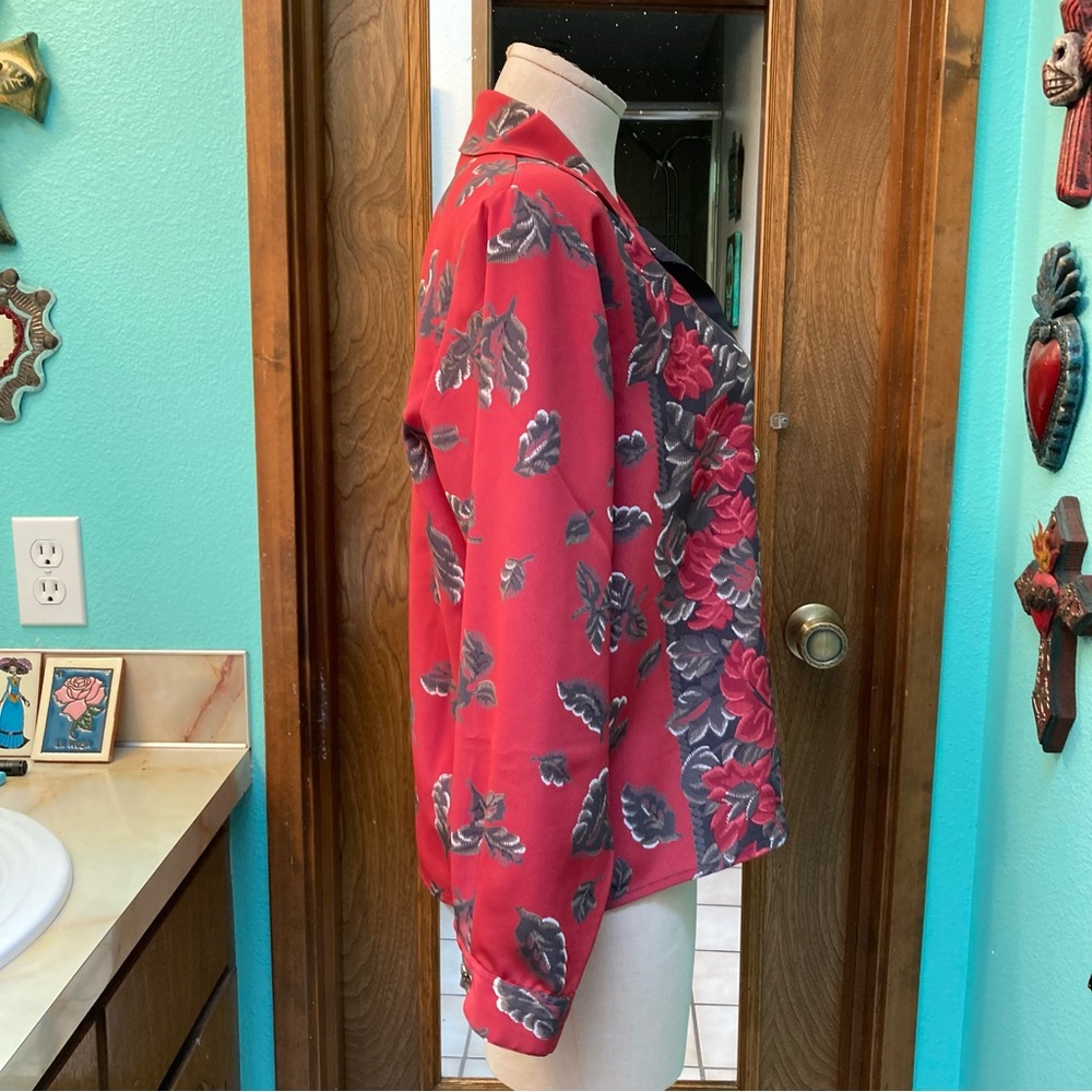 Floral Red and Gray Women's Blouse - Picture 4 of 8